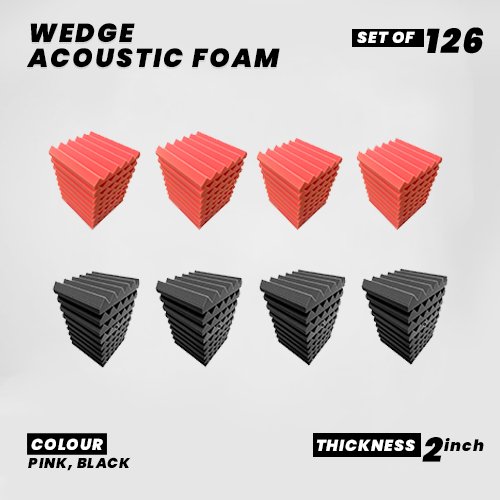 Wedge Panels - Set of 126 | 1 Sqft, 2" Thick | 50 Density Studio Noise Reduction, Echo Absorption | Premium Grade | 3D Structure | 63 PINK, 63 BLACK