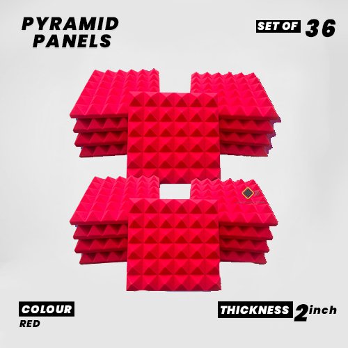 Pyramid Panels - Set of 36 | 1 Sqft, 2" Thick | 50 Density Studio Noise Reduction, Echo Absorption | Premium Grade | 3D Structure | RED