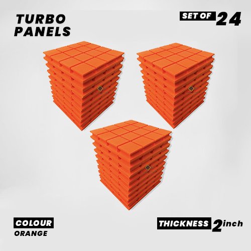 Turbo Panels - Set of 24 | 1 Sqft, 2" Thick | 50 Density Studio Noise Reduction, Echo Absorption | Premium Grade | 3D Structure with Grooves | ORANGE