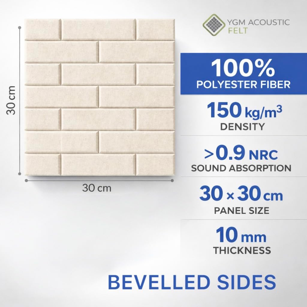 YGM Acoustic Foams® Luxury Brick Felt Acoustic Self Adhesive Panels, 10 MM Thick, Sound Absorbing Panels for Wall | Room Noise Reducer & Sound Dampening (Pure Beige)