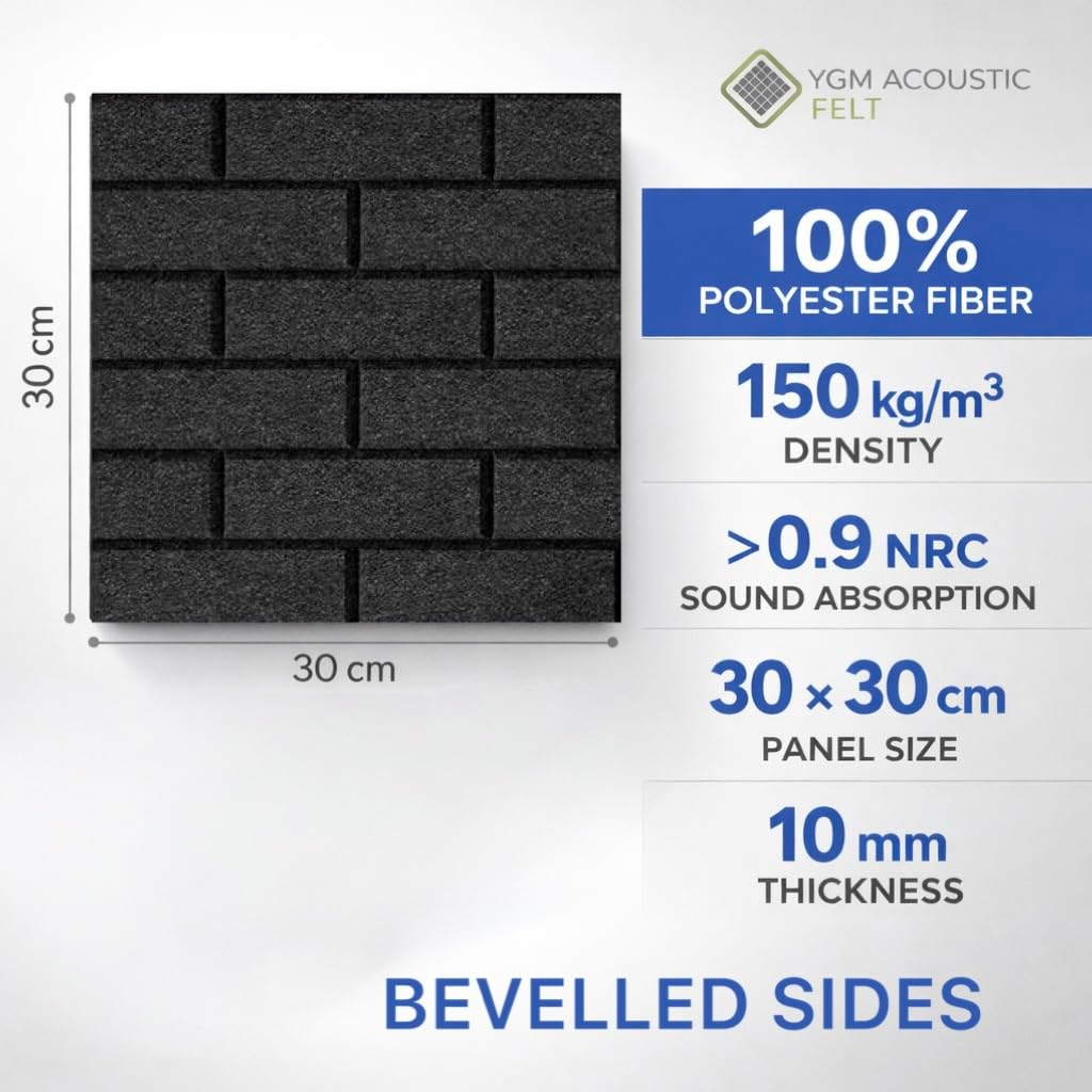 YGM Acoustic Foams® Luxury Brick Felt Acoustic Self Adhesive Panels, 10 MM Thick, Sound Absorbing Panels for Wall | Room Noise Reducer & Sound Dampening (Black)