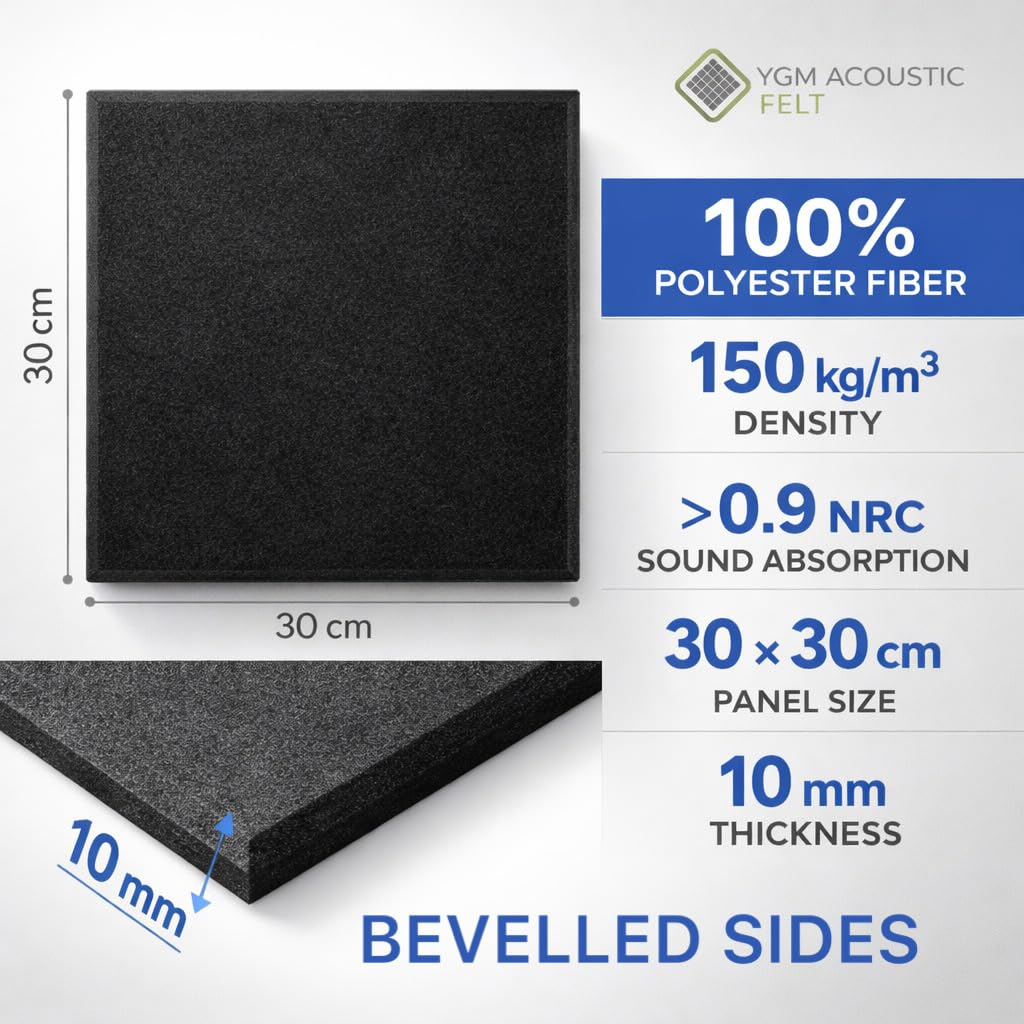 YGM® Luxury PET Felt Acoustic Self Adhesive Panels, 10 MM Thick, Sound Absorbing Panels for Wall | Room Noise Reducer & Sound Dampening (OG Black)