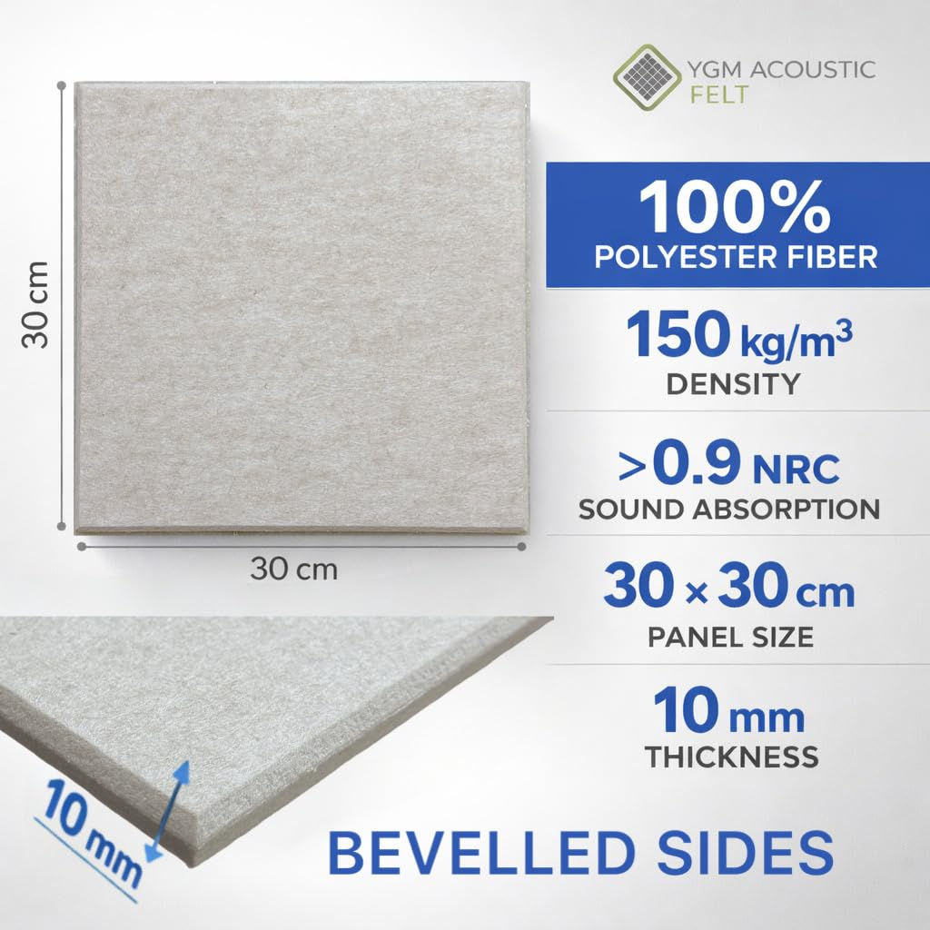 YGM® Luxury PET Felt Acoustic Self Adhesive Panels, 10 MM Thick, Sound Absorbing Panels for Wall | Room Noise Reducer & Sound Dampening (Pure Beige)
