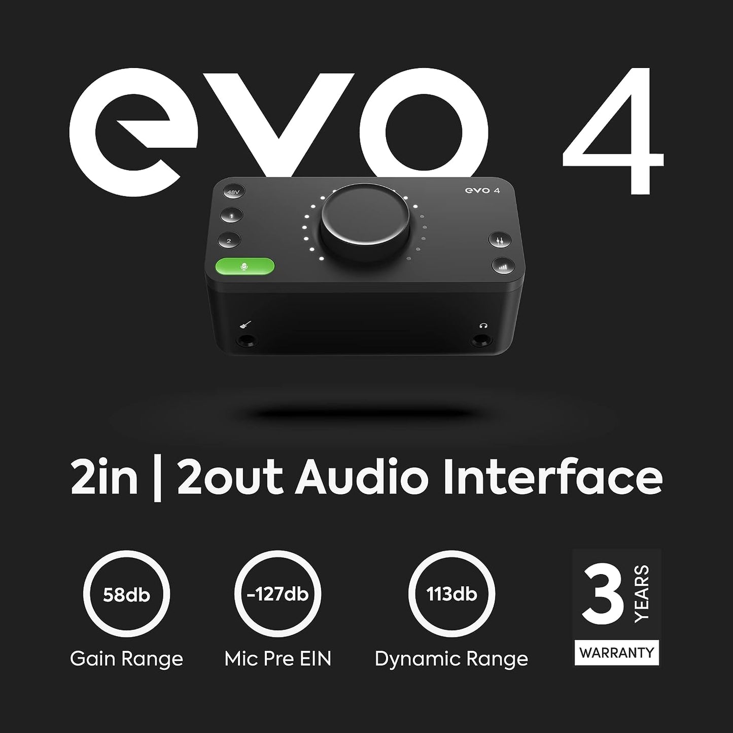 Audient EVO 4 Professional 2in/2out USB Audio Interface for Recording, Live Streaming, Gaming & Podcasting with 48V Phantom Power, Dual XLR, Line & DI Input Plus SmartGain Feature & Free Software Bundle