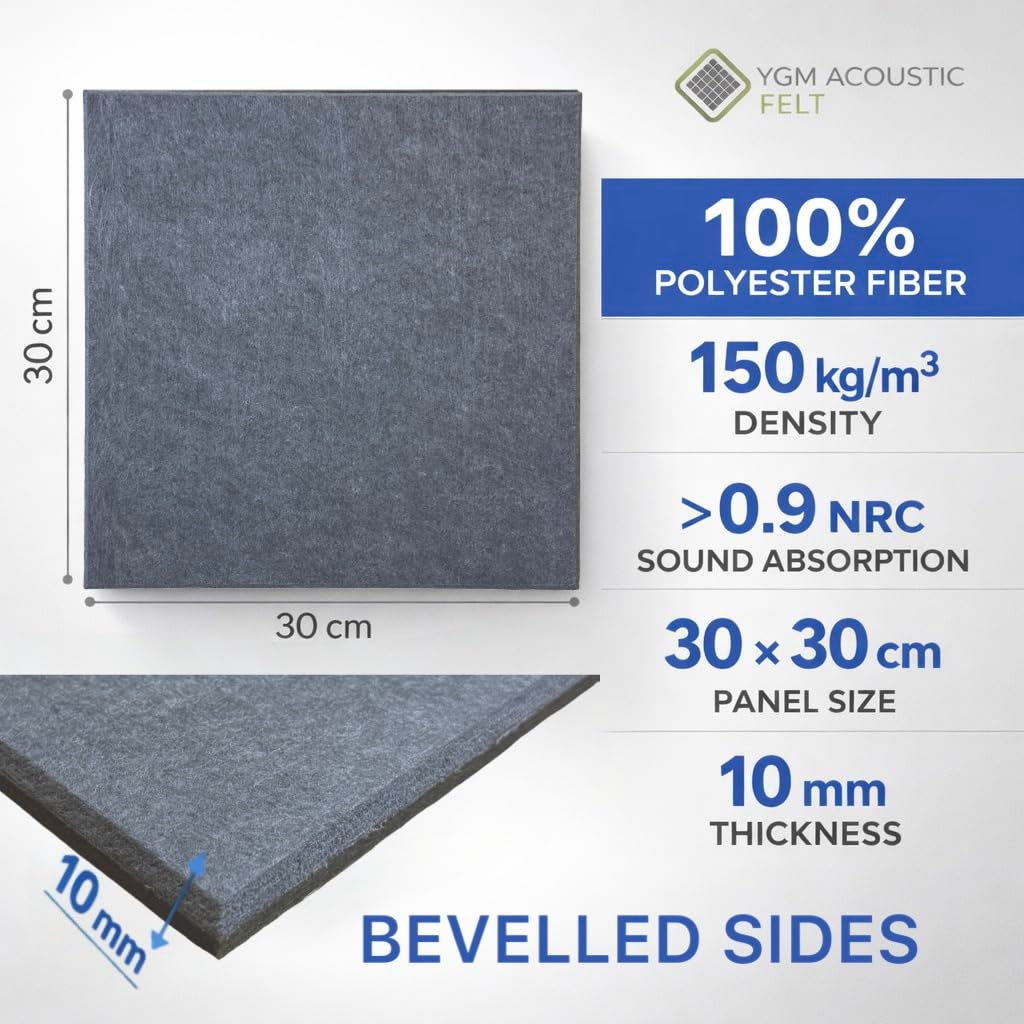 YGM® Luxury PET Felt Acoustic Self Adhesive Panels, 10 MM Thick, Sound Absorbing Panels for Wall | Room Noise Reducer & Sound Dampening (Midnight Grey)