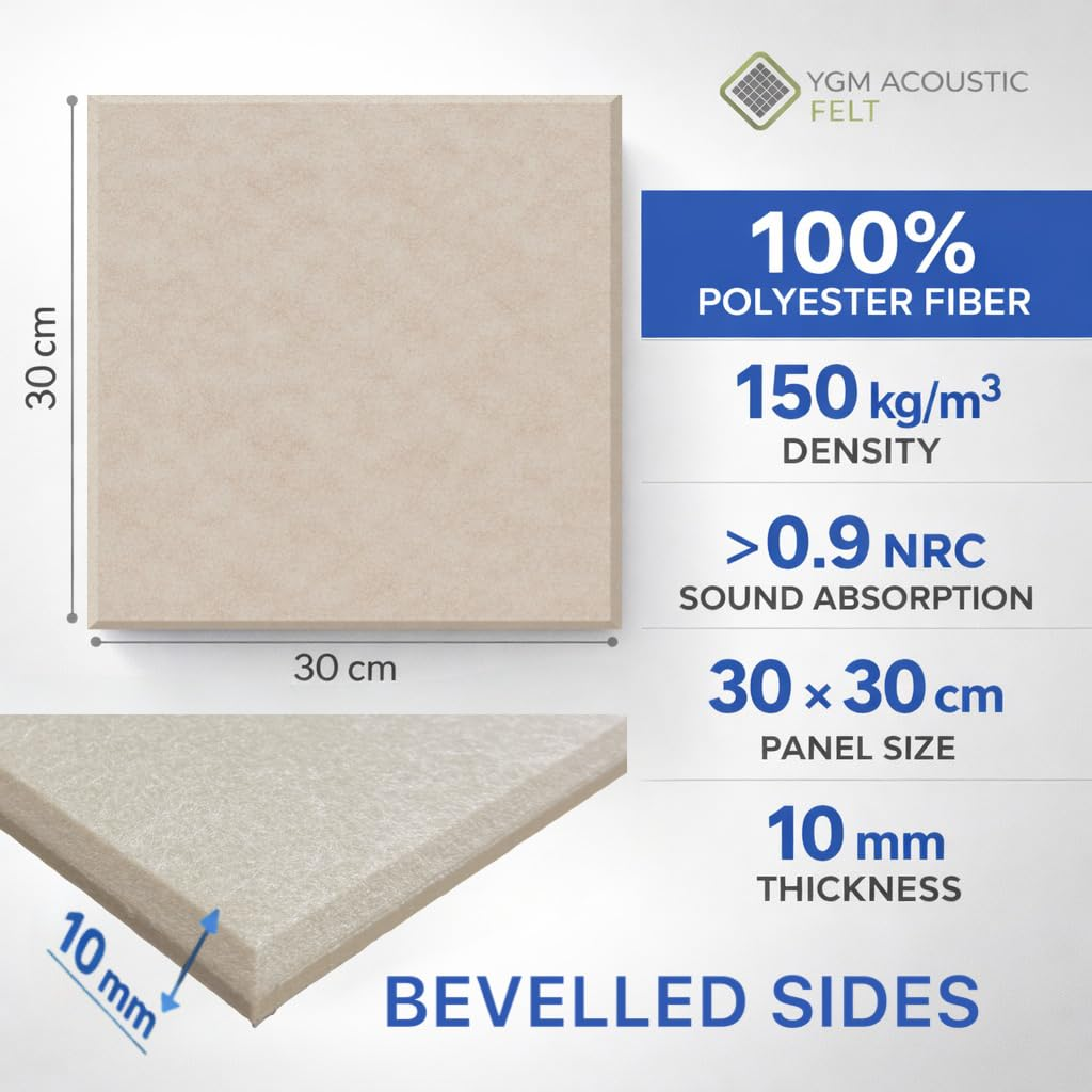 YGM® Luxury PET Felt Acoustic Self Adhesive Panels, 10 MM Thick, Sound Absorbing Panels for Wall | Room Noise Reducer & Sound Dampening (Beige)