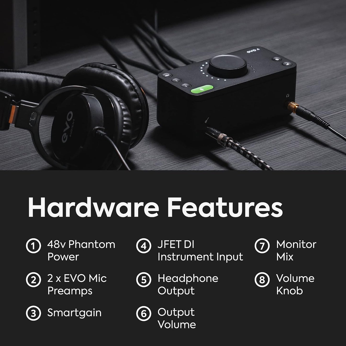 Audient EVO 4 Professional 2in/2out USB Audio Interface for Recording, Live Streaming, Gaming & Podcasting with 48V Phantom Power, Dual XLR, Line & DI Input Plus SmartGain Feature & Free Software Bundle