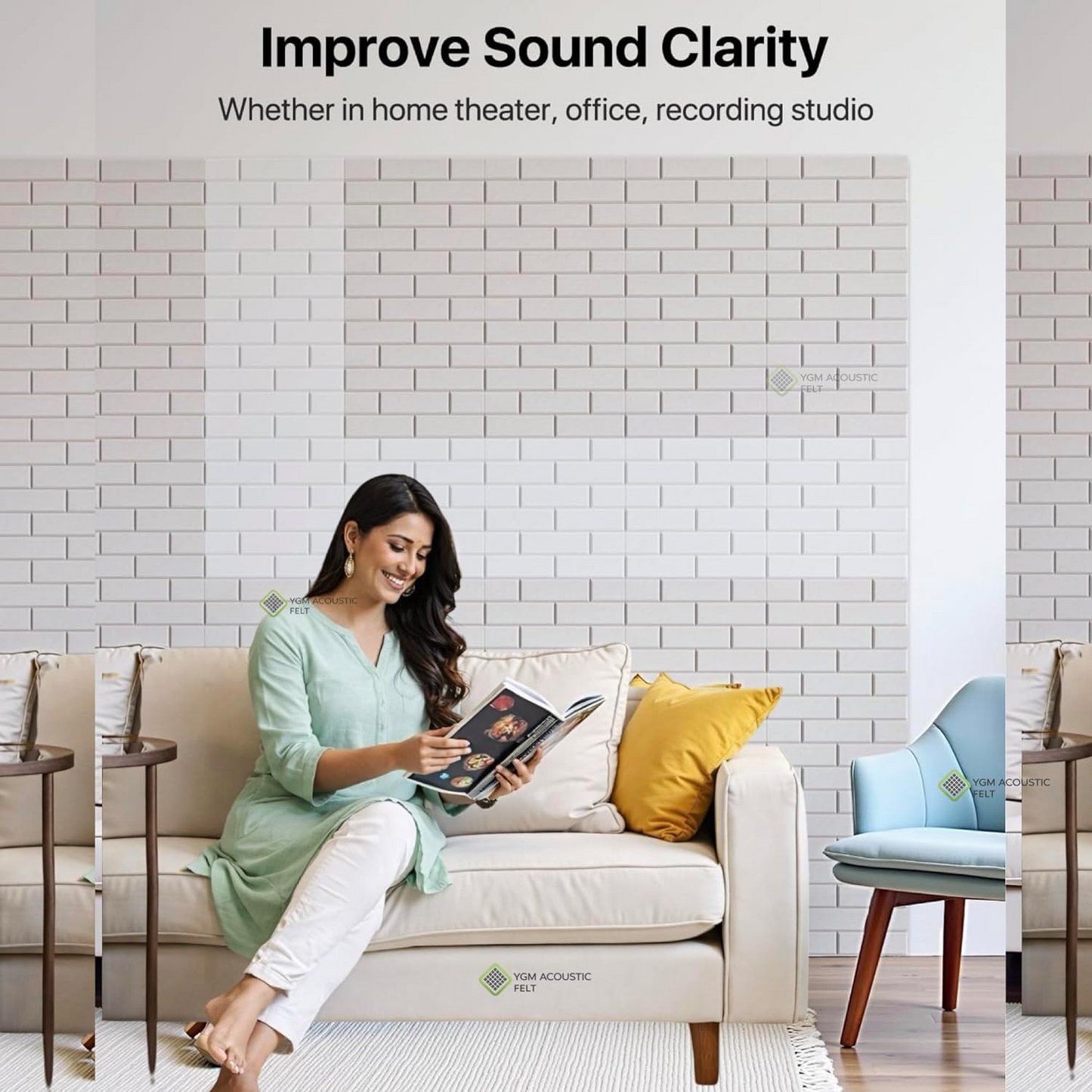 YGM Acoustic Foams® Luxury Brick Felt Acoustic Self Adhesive Panels, 10 MM Thick, Sound Absorbing Panels for Wall | Room Noise Reducer & Sound Dampening (Pure Beige)
