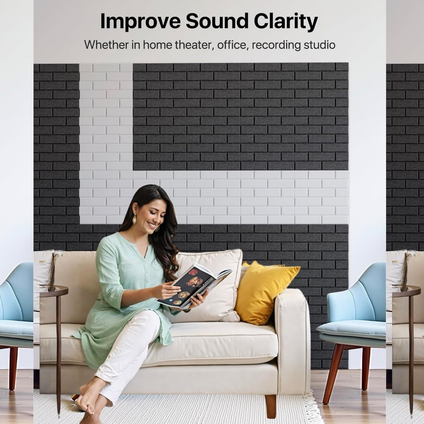YGM Acoustic Foams® Luxury Brick Felt Acoustic Self Adhesive Panels, 10 MM Thick, Sound Absorbing Panels for Wall | Room Noise Reducer & Sound Dampening (Black)