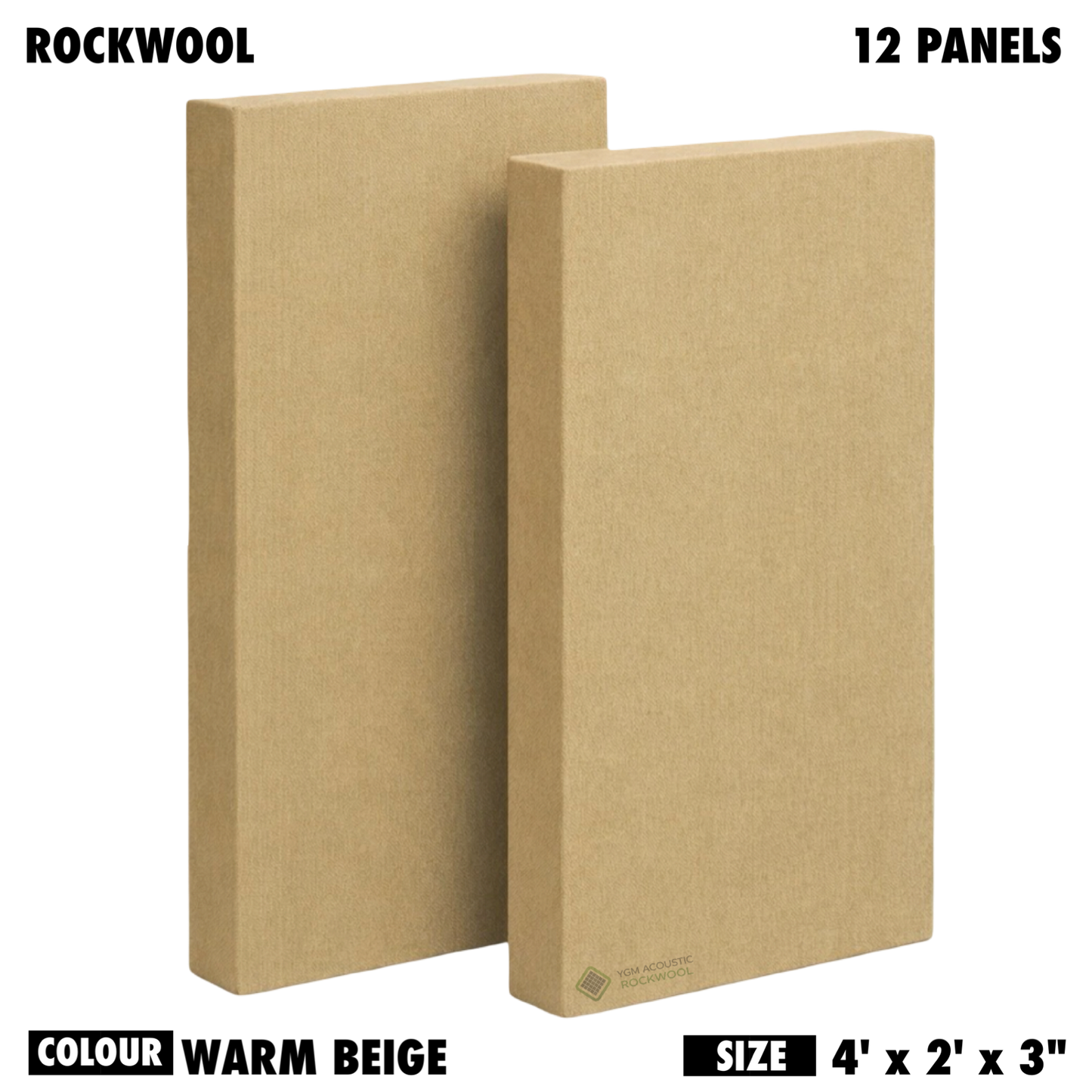 YGM Acoustic Rockwool® - Set of 12 | 4' x 2' x 3" | Sound Absorption Panels | NRC 1.0, 80 KG/M¬≥ Density | Room Isolation & Acoustical Soundproofing (Warm Beige)