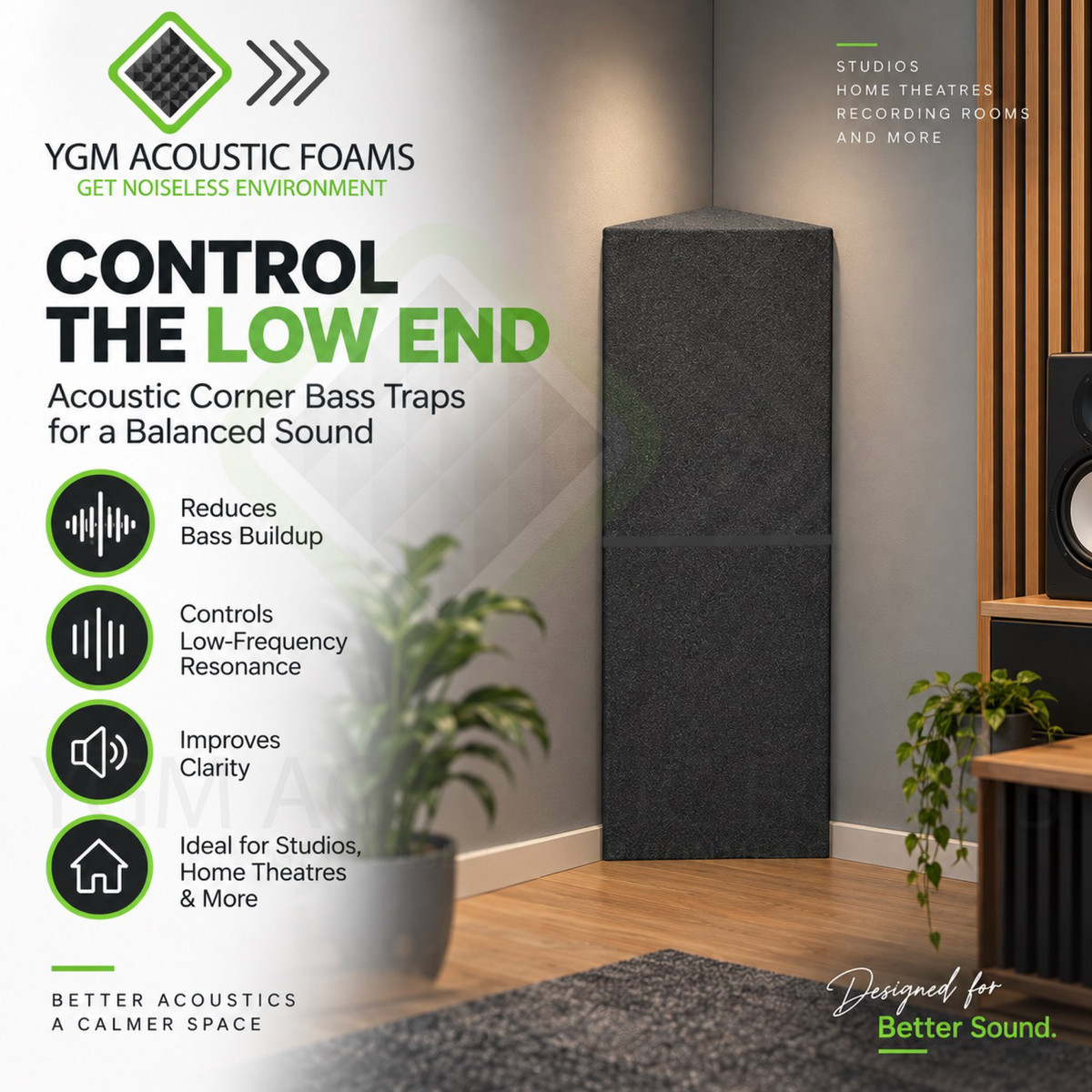 Flat Corner Bass Traps - Set of 2| 24"x12"x12" | Low Frequency Bass Absorber | Premium Grade, 50 Density (Charcoal Black)
