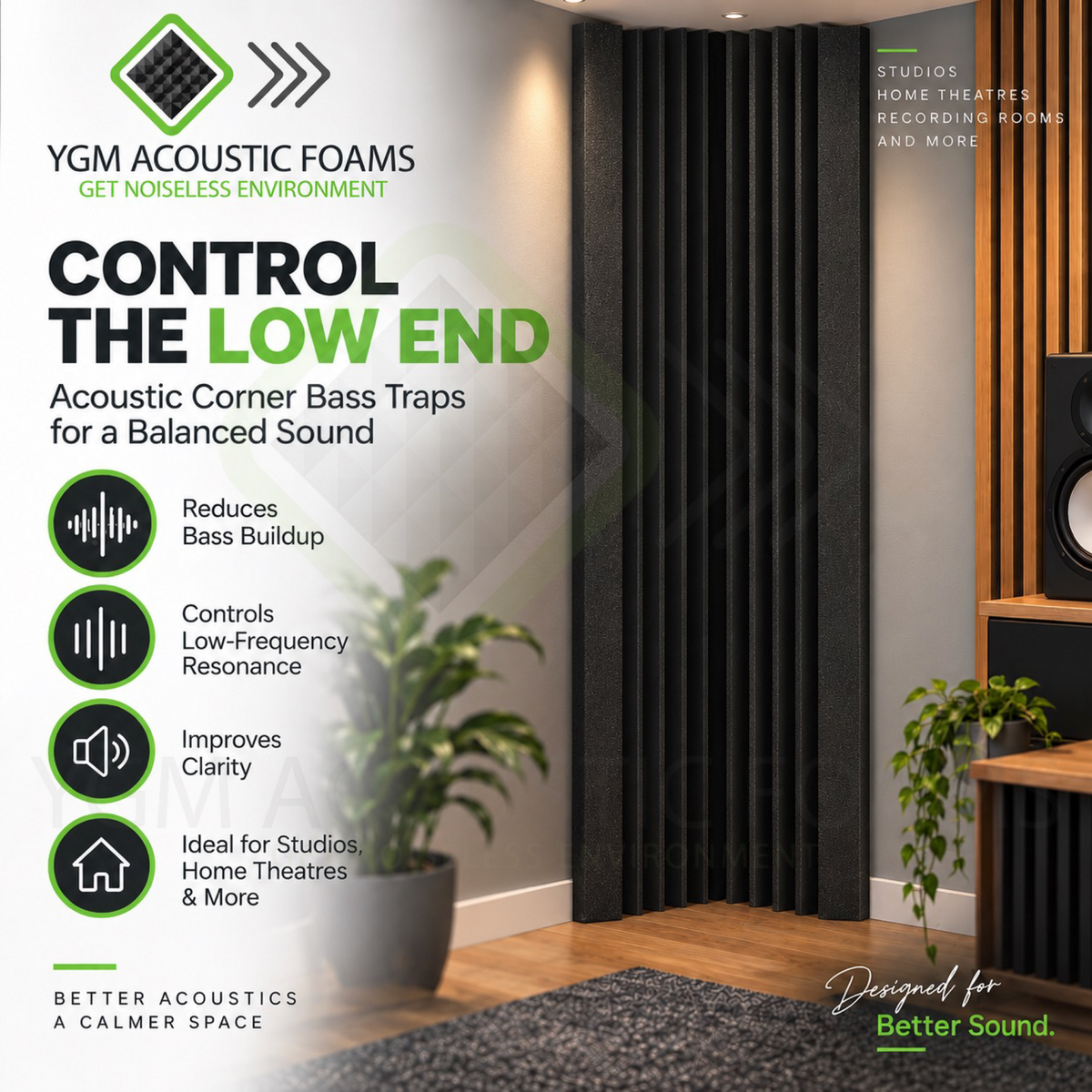 Wedge Corner Bass Traps - Set of 2| 24"x12"x12" | Low Frequency Bass Absorber | Premium Grade, 50 Density (Charcoal Black)