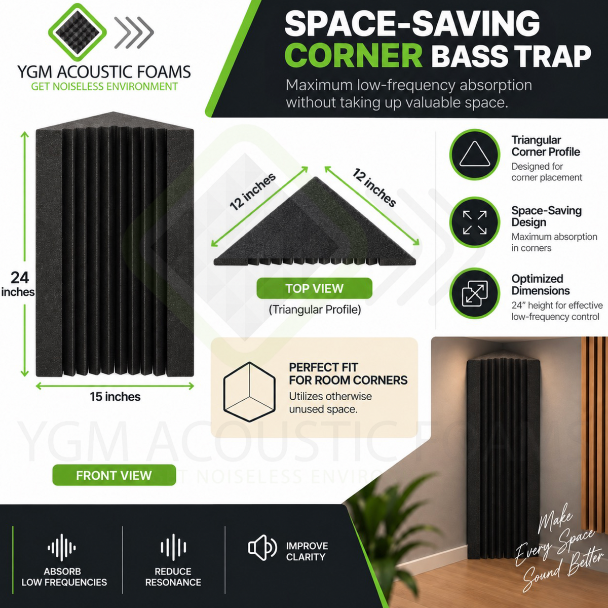 Wedge Corner Bass Traps - Set of 2| 24"x12"x12" | Low Frequency Bass Absorber | Premium Grade, 50 Density (Charcoal Black)