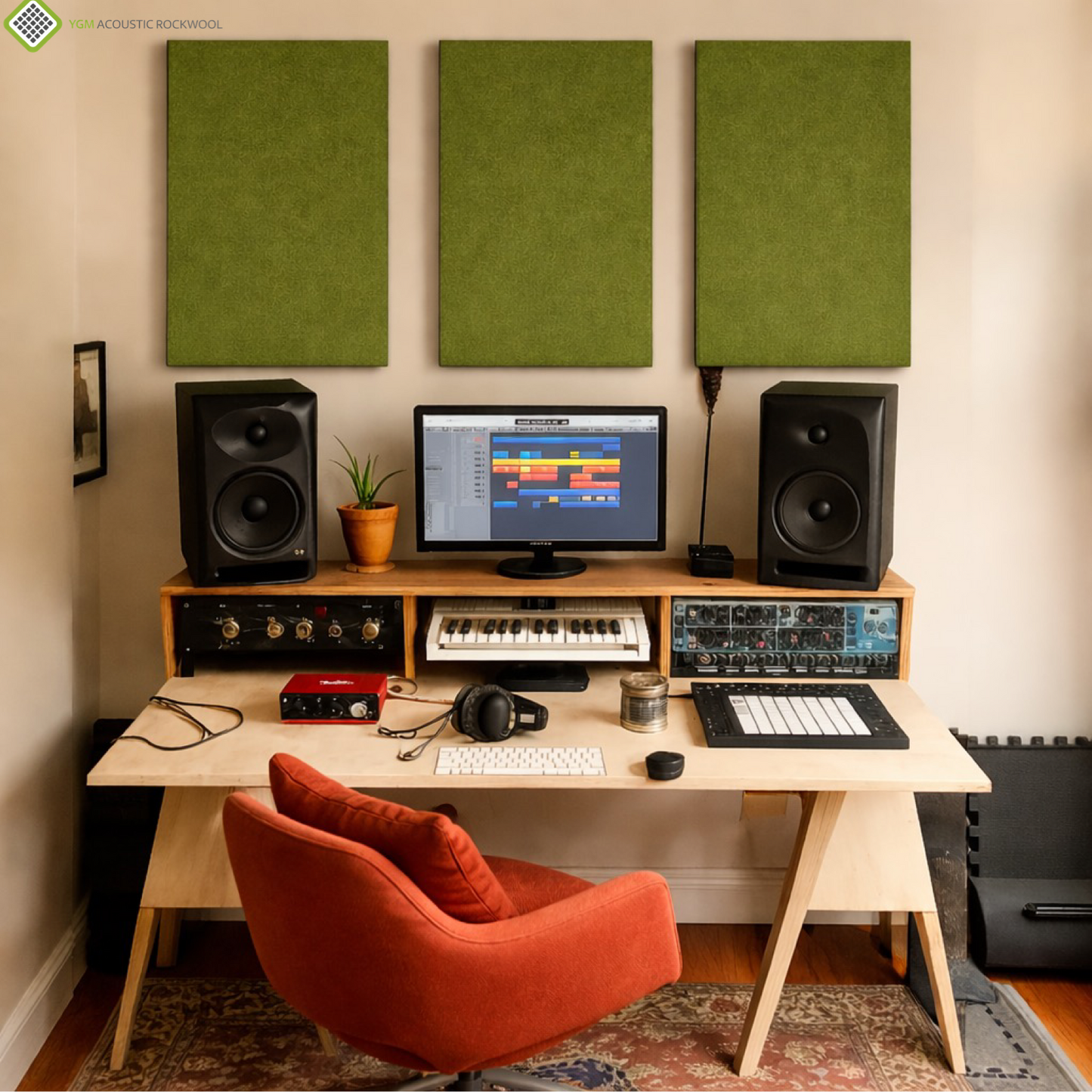 YGM Acoustic Rockwool® - Set of 2 | 40" x 20" x 3" | Sound Absorption Panels | NRC 1.0, 80 KG/M¬≥ Density | Room Isolation & Acoustical Soundproofing (Olive Green)