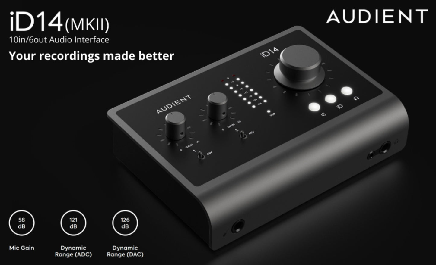 Audient iD14 (MKII) 10in/6out High-Performance USB 3.0 Audio Interface with 2 Audient Preamps, Dual Headphone Outputs, 4 Line Outputs, ADAT Input, Monitor Controls & Free Software Bundle - Mac/Win/iOS