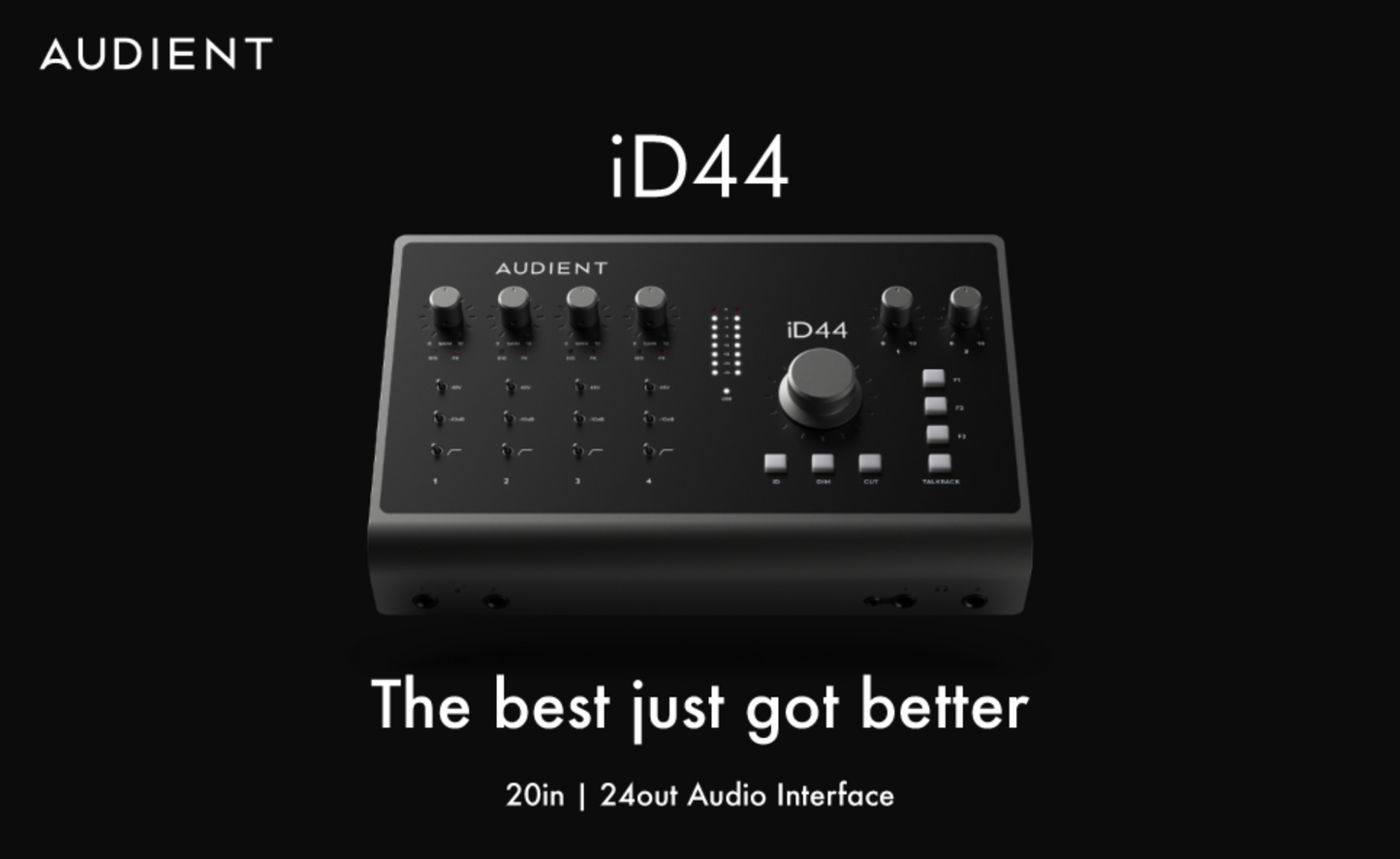 Audient iD44 MKii 20-in/24-out USB-C Audio Interface with 24-bit/96kHz Resolution, 4 Mic Preamps, 2 Instrument Inputs, 16-channel ADAT I/O, DSP Mixer, and 2 Headphone Outputs