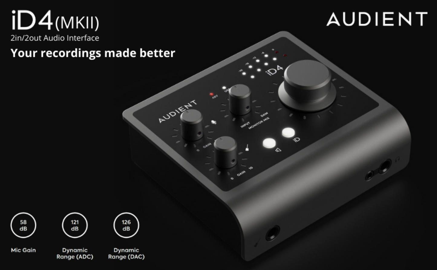 Audient iD4 (MKII) 2in/2out High-Performance USB 3.0 Audio Interface with Audient Console Mic Preamp, Dual Headphone Outputs, DI Instrument Input, ScrollControl Feature, & Free Software Bundle - Mac/Win/iOS Compatible