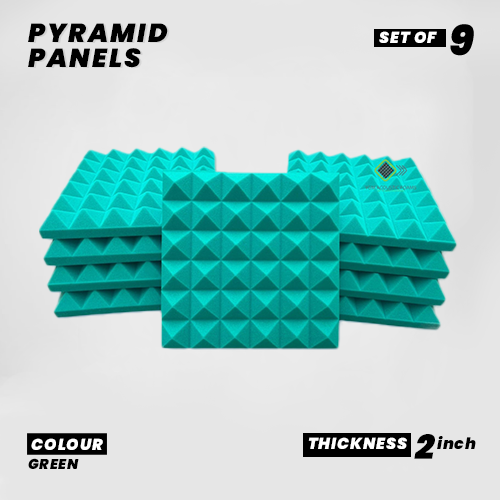 Pyramid Panels - Set of 9 | 1 Sqft, 2" Thick | 50 Density Studio Noise Reduction, Echo Absorption | Premium Grade | 3D Structure | GREEN