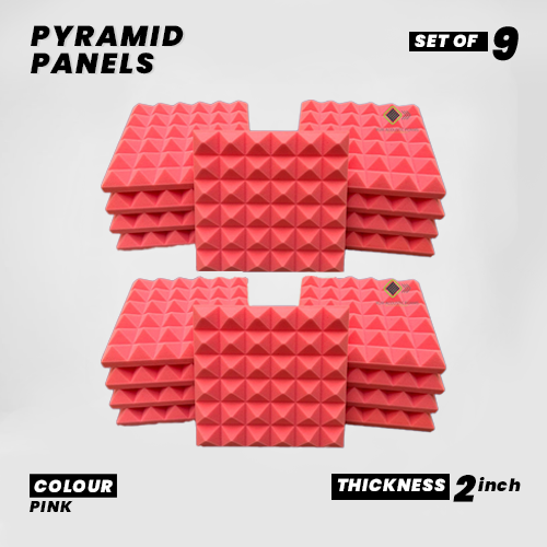 Pyramid Panels - Set of 9 | 1 Sqft, 2" Thick | 50 Density Studio Noise Reduction, Echo Absorption | Premium Grade | 3D Structure | PINK