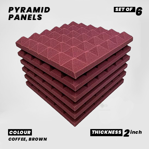 Pyramid Panels - Set of 6 | 1 Sqft, 2" Thick | 50 Density Studio Noise Reduction, Echo Absorption | Premium Grade | 3D Structure | COFFEE BROWN