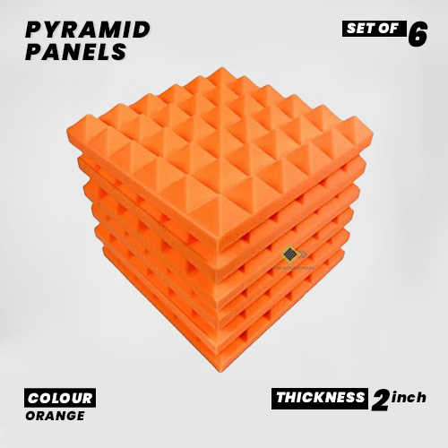 Pyramid Panels - Set of 6 | 1 Sqft, 2" Thick | 50 Density Studio Noise Reduction, Echo Absorption | Premium Grade | 3D Structure | ORANGE