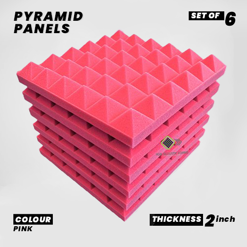 Pyramid Panels - Set of 6 | 1 Sqft, 2" Thick | 50 Density Studio Noise Reduction, Echo Absorption | Premium Grade | 3D Structure | PINK