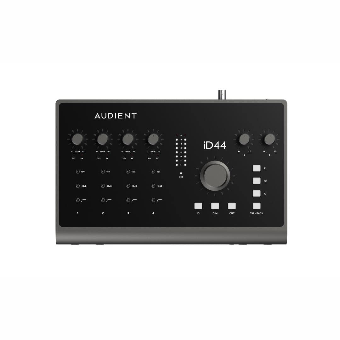 Audient iD44 MKii 20-in/24-out USB-C Audio Interface with 24-bit/96kHz Resolution, 4 Mic Preamps, 2 Instrument Inputs, 16-channel ADAT I/O, DSP Mixer, and 2 Headphone Outputs