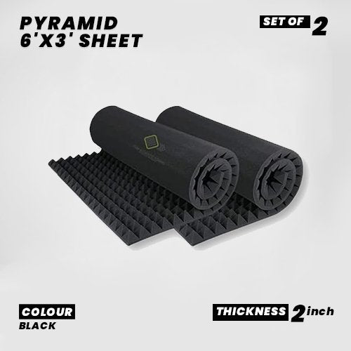 Pyramid 6'x3' Sheet - (Set of 2) |2" Thick Covers 36 Sqft |32 Density Studio Noise Reduction, Echo Absorption | Premium Grade | 3D Structure | BLACK