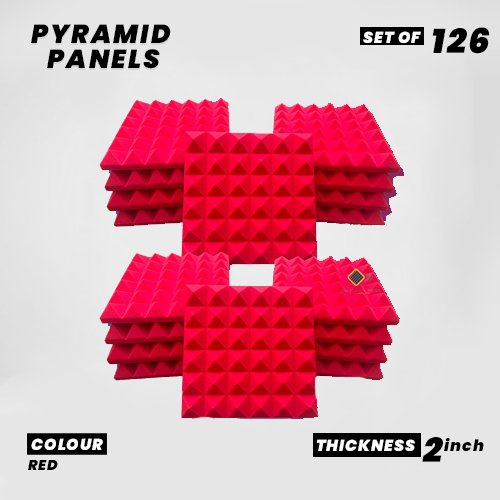 Pyramid Panels - Set of 126 | 1 Sqft, 2" Thick | 50 Density Studio Noise Reduction, Echo Absorption | Premium Grade | 3D Structure | RED