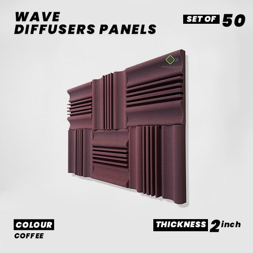 Wave Diffusers Panels - Set of 50 | 1 Sqft, 2" Thick | 50 Density | Premium Grade | 3D Structure Broadband Sound Absorber - Periodic Groove Structure | COFFEE