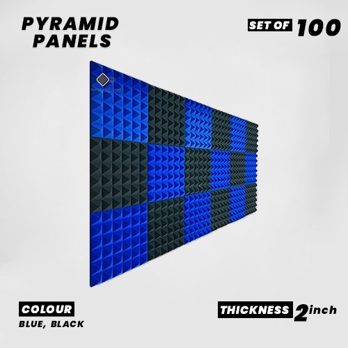 Pyramid Panels - Set of 100 | 1 Sqft, 2" Thick | 50 Density Studio Noise Reduction, Echo Absorption | Premium Grade | 3D Structure | 50 BLUE, 50 BLACK