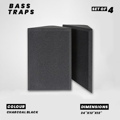 Flat Corner Bass Traps - Set of 4| 24"x12"x12" | Low Frequency Bass Absorber | Premium Grade, 50 Density (Charcoal Black)