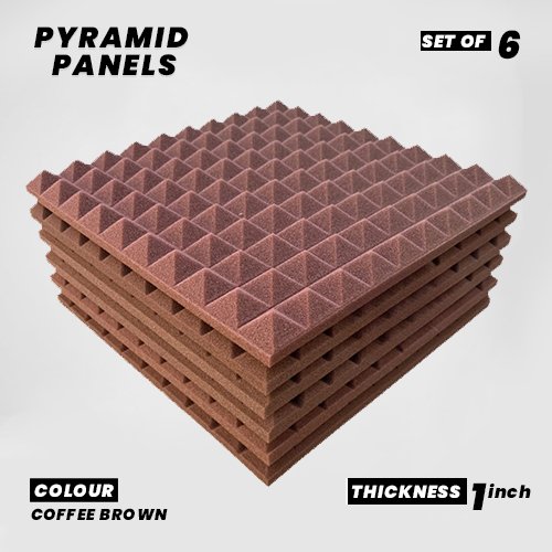 Pyramid Panels - Set of 6 | 1 Sqft, 1" Thick | 50 Density Studio Noise Reduction, Echo Absorption | Premium Grade | 3D Structure | COFFEE BROWN