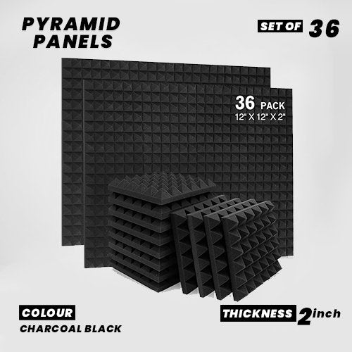 Pyramid Panels - Set of 36 | 1 Sqft, 2" Thick | 50 Density Studio Noise Reduction, Echo Absorption | Premium Grade | 3D Structure | Charcoal Black