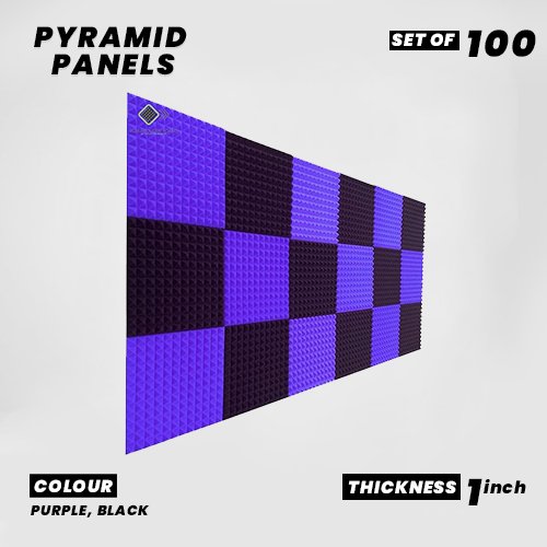 Pyramid Panels - Set of 100 | 1 Sqft, 1" Thick | 50 Density Studio Noise Reduction, Echo Absorption | Premium Grade | 3D Structure | 50 PURPLE, 50 BLACK