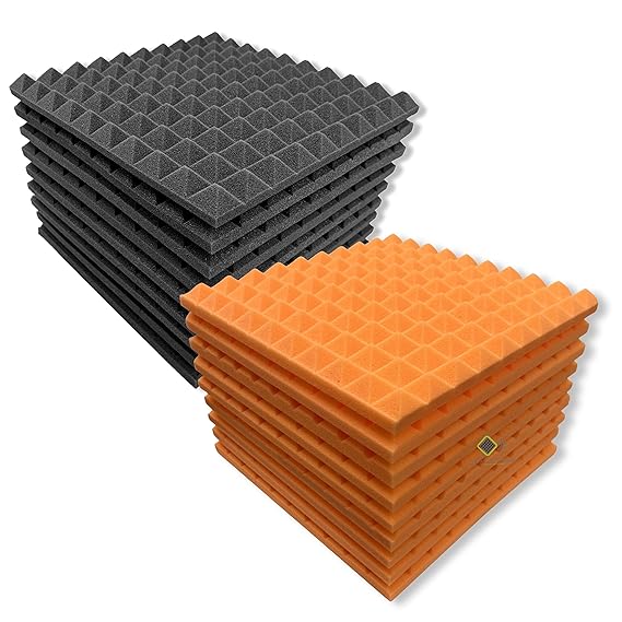 Pyramid Panels - Set of 72 | 1 Sqft, 1" Thick | 50 Density Studio Noise Reduction, Echo Absorption | Premium Grade | 3D Structure | 36 ORANGE, 36 BLACK