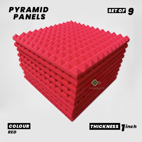 Pyramid Panels - Set of 9 | 1 Sqft, 1" Thick | 50 Density Studio Noise Reduction, Echo Absorption | Premium Grade | 3D Structure | RED