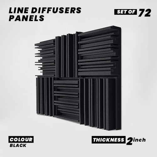 Line Diffusers Panels - Set of 72 | 1 Sqft, 2" Thick | 50 Density | Premium Grade | 3D Structure Broadband Sound Absorber - Periodic Groove Structure | BLACK