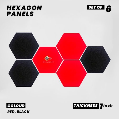 Hexagon Panels - Set of 6 | RED, BLACK | 1 Sqft, 1" Thick | 50 Density Studio Noise Reduction, Echo Absorption | Premium Grade