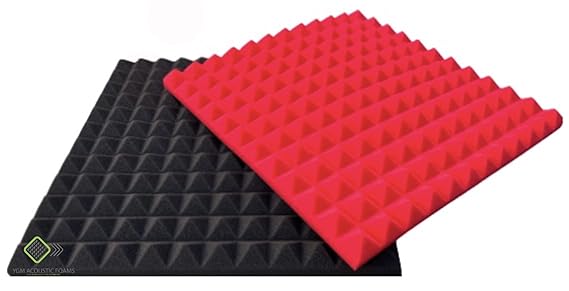 Pyramid Panels - Set of 18 | 1 Sqft, 1" Thick | 50 Density Studio Noise Reduction, Echo Absorption | Premium Grade | 3D Structure | 9 RED, 9 BLACK