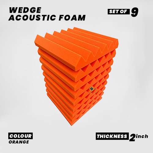 Wedge Panels - Set of 9 | 1 Sqft, 2" Thick | 50 Density Studio Noise Reduction, Echo Absorption | Premium Grade | 3D Structure | ORANGE