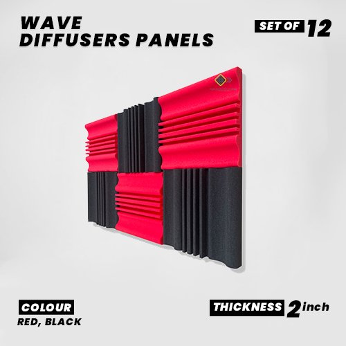 Wave Diffusers Panels - Set of 12 | 1 Sqft, 2" Thick | 50 Density | Premium Grade | 3D Structure Broadband Sound Absorber - Periodic Groove Structure | 6 RED, 6 BLACK