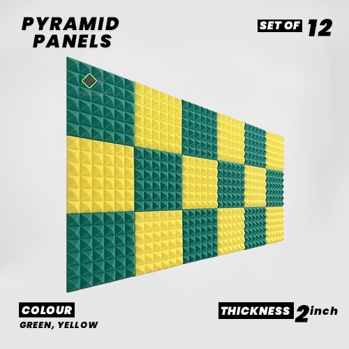 Pyramid Panels - Set of 12 | 1 Sqft, 2" Thick | 50 Density Studio Noise Reduction, Echo Absorption | Premium Grade | 3D Structure | 6 GREEN, 6 YELLOW