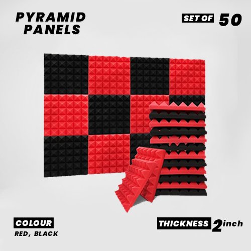 Pyramid Panels - Set of 50 | 1 Sqft, 2" Thick | 50 Density Studio Noise Reduction, Echo Absorption | Premium Grade | 3D Structure | 25 RED, 25 BLACK