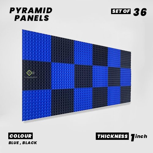 Pyramid Panels - Set of 36 | 1 Sqft, 1" Thick | 50 Density Studio Noise Reduction, Echo Absorption | Premium Grade | 3D Structure | 18 BLUE 18 BLACK