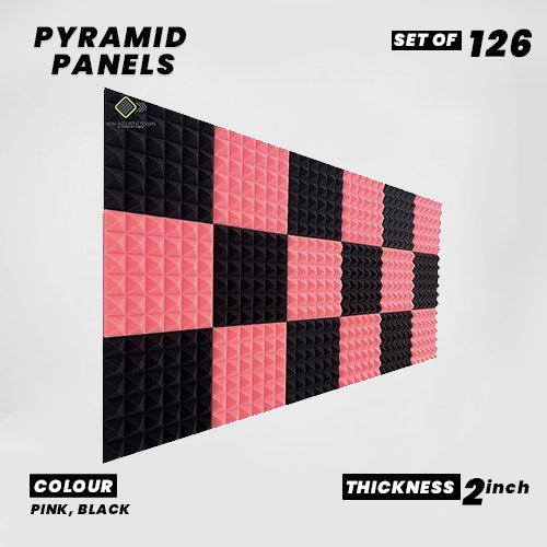 Pyramid Panels - Set of 126 | 1 Sqft, 2" Thick | 50 Density Studio Noise Reduction, Echo Absorption | Premium Grade | 3D Structure | 63 PINK, 63 BLACK