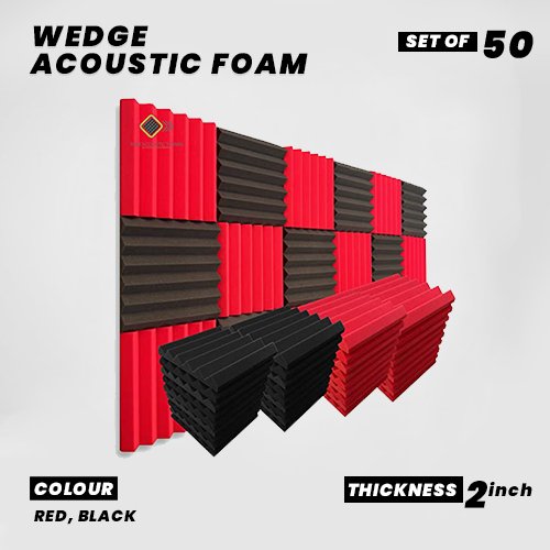 Wedge Panels - Set of 50 | 1 Sqft, 2" Thick | 50 Density Studio Noise Reduction, Echo Absorption | Premium Grade | 3D Structure | 25 RED, 25 BLACK