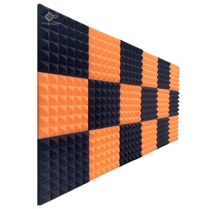 Pyramid Panels - Set of 18 | 1 Sqft, 2" Thick | 50 Density Studio Noise Reduction, Echo Absorption | Premium Grade | 3D Structure | 9 ORANGE, 9 BLACK