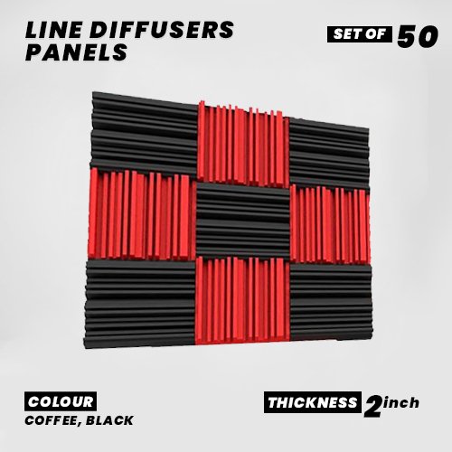 Line Diffusers Panels - Set of 50 | 1 Sqft, 2" Thick | 50 Density | Premium Grade | 3D Structure Broadband Sound Absorber - Periodic Groove Structure | 25 RED, 25 BLACK