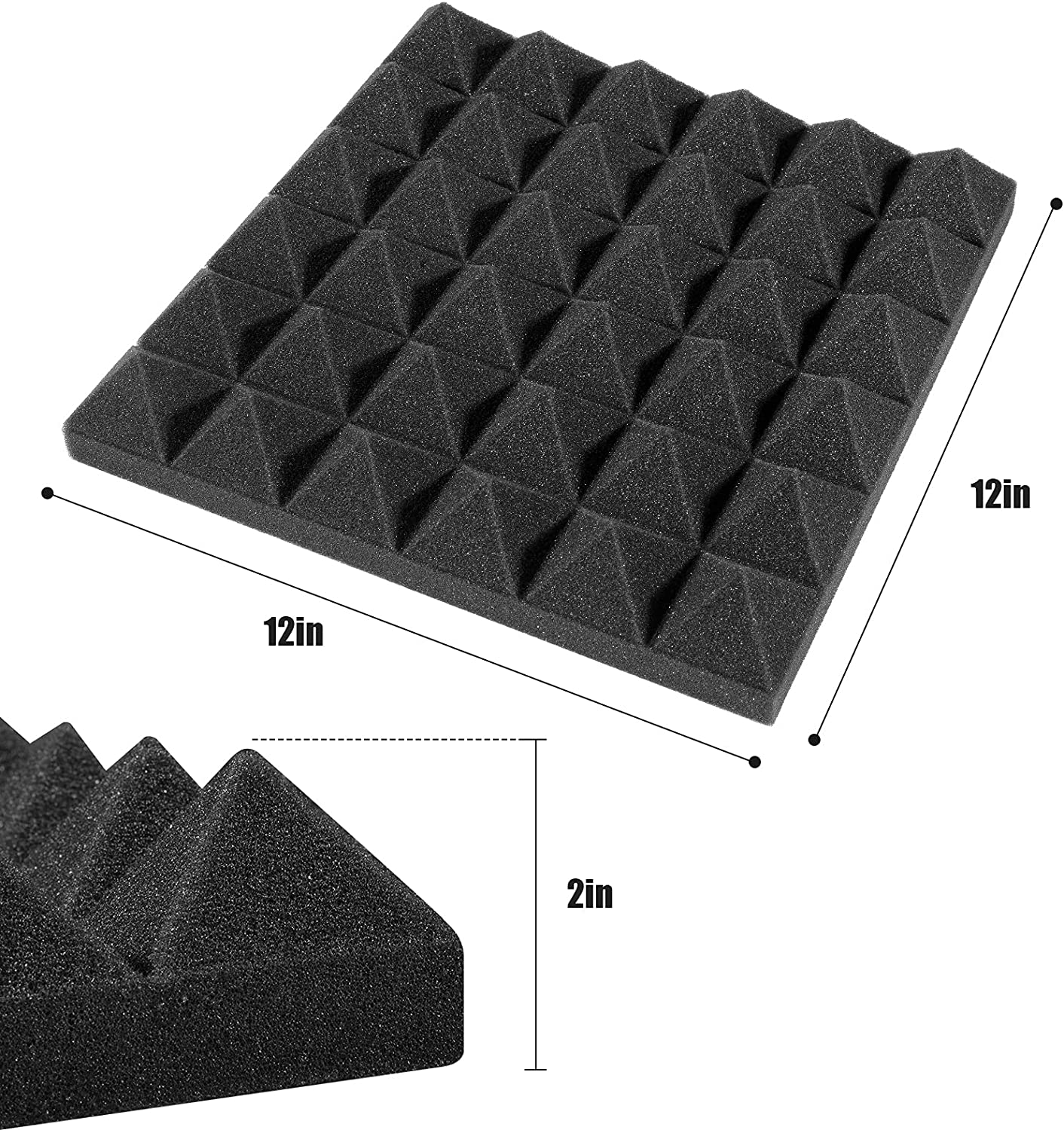 Pyramid Panels - Set of 18 | 1 Sqft, 2" Thick | 50 Density Studio Noise Reduction, Echo Absorption | Premium Grade | 3D Structure | Charcoal Black